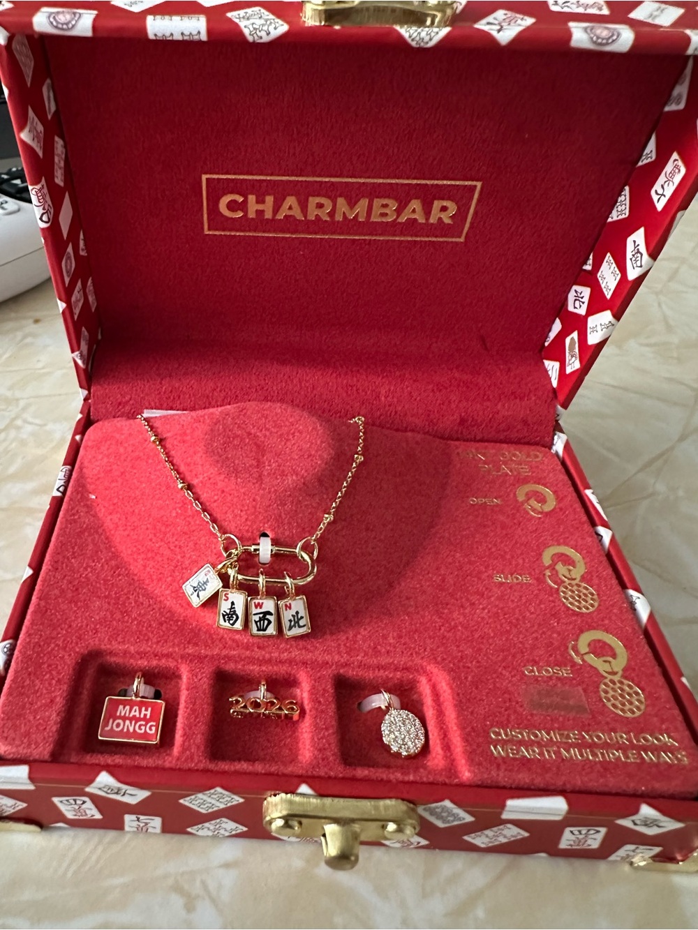 CharmBar Gold Mahjong Tile Necklace in Red
